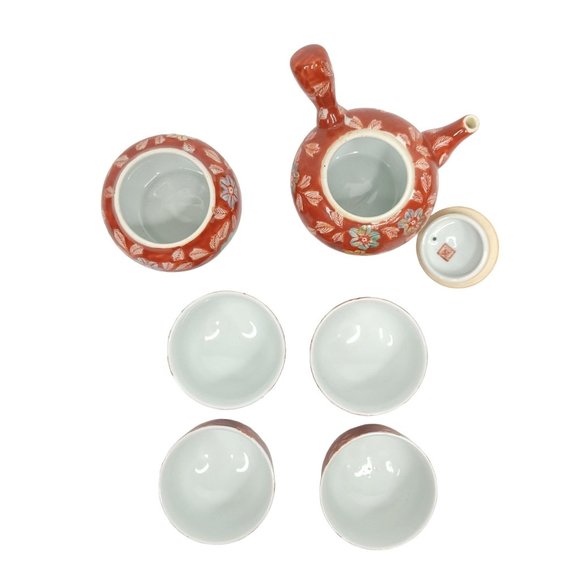 Kyusu Teapot with 4 Cups Small Tea Set Asian Rusty Red Floral Bowl Vase Tea Saki - Picture 8 of 12